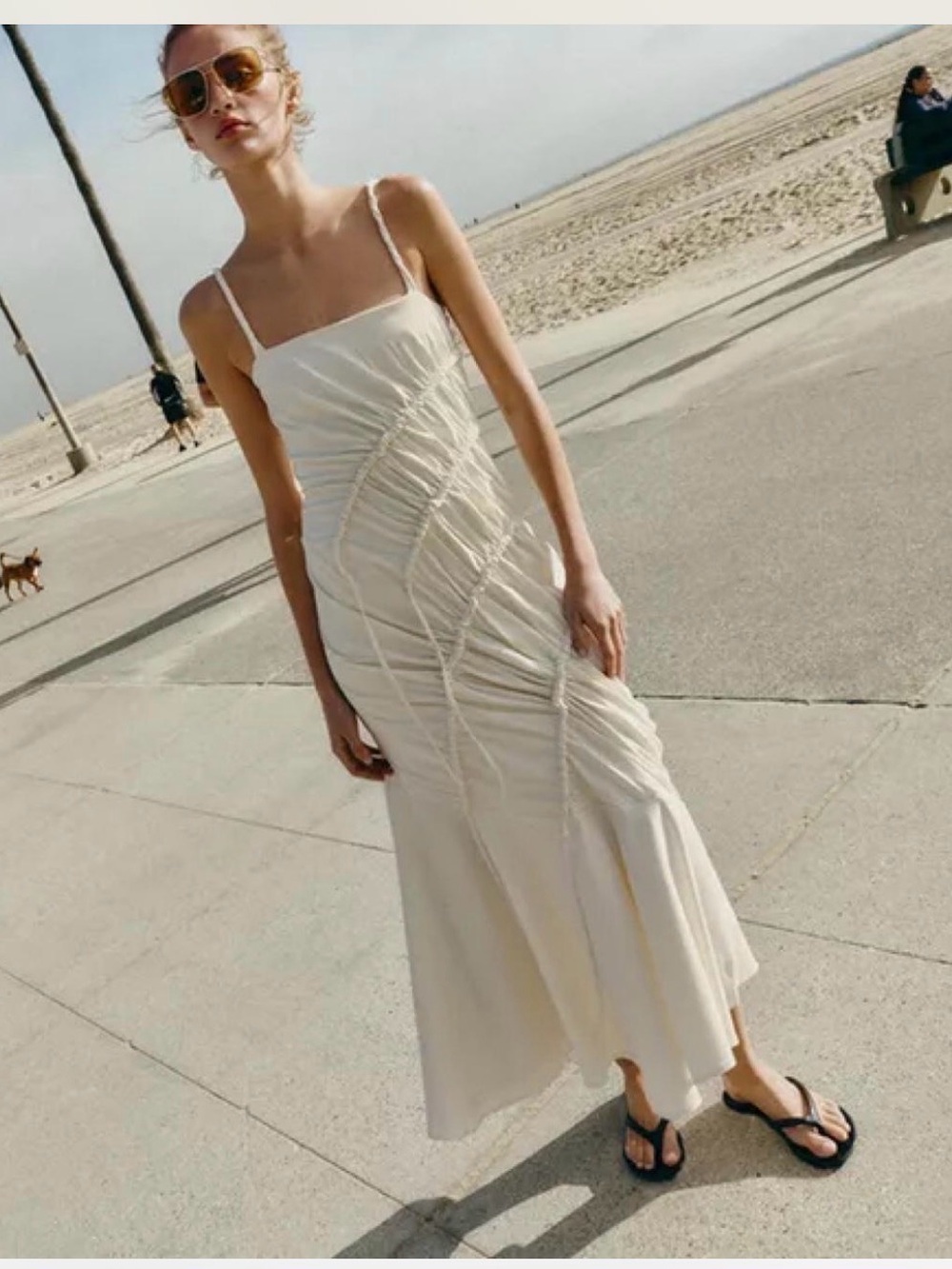 Zara Cream Ruched Spaghetti-Strap Midi Dress